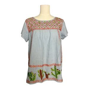 Sister Mary Lupita Cactus Embroidery Blouse Blue Women's Size XS Boho Casual